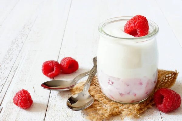 Jar Yogurt Raspberry Fruit Bottom Side View White Wood Background — Φωτογραφία Αρχείου