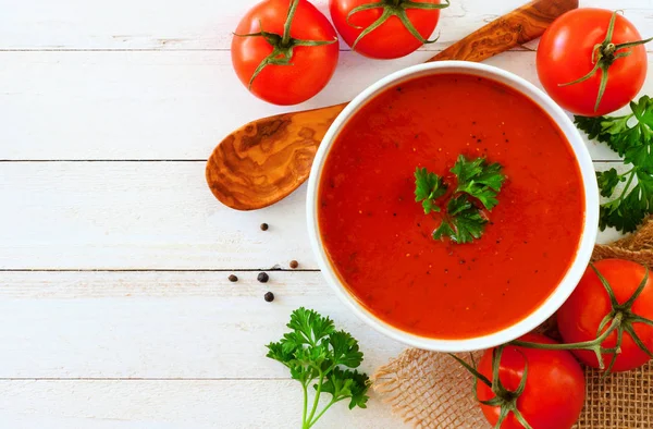 Sopa Tomate Caseiro Vista Acima Borda Lateral Com Espaço Cópia — Fotografia de Stock