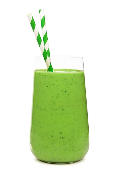 Frullato Verde Bicchiere Vetro Con Cannucce Carta Isolate Fondo Bianco — Foto Stock