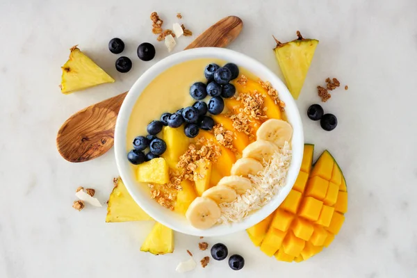 Sağlıklı ananas, Hindistan cevizi, muz, yaban mersini ve granola ile mango smoothie kase. Görünüm sahne parlak bir arka plan üzerinde yukarıda.