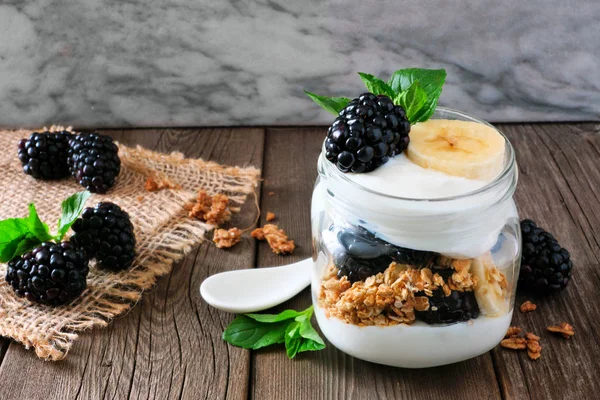Healthy Blackberry Banana Yogurt Parfait Mason Jar Still Life Dark — Stock Photo, Image
