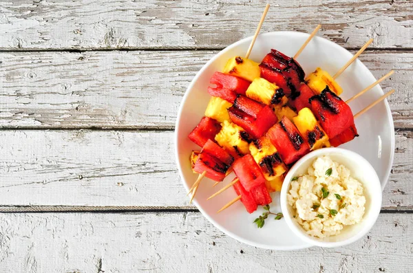 Grilled Watermelon Pineapple Fruit Skewers Feta Top View White Wood — Stock Photo, Image