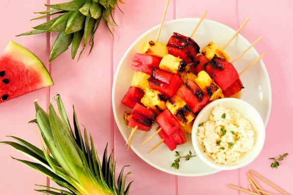 Grilled Watermelon Pineapple Fruit Kabobs Feta View Pink Wood Background — Stock Photo, Image