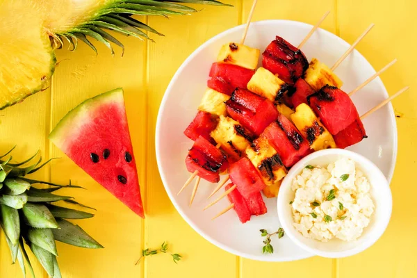 Grilled Watermelon Pineapple Fruit Skewers Feta View Bright Yellow Wood — Stock Photo, Image