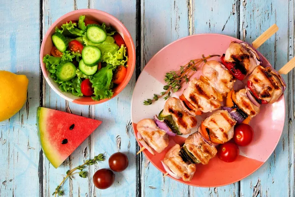 Grilled Chicken Vegetable Skewers Salad Watermelon Top View Table Scene — Stock Photo, Image