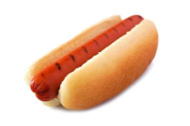 Barbekü ızgara işaretleri ile Hot dog, yan görünüm beyaz bir arka plan üzerinde izole