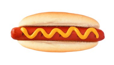 Hardal ile Hot dog, üst görünümü beyaz bir arka plan üzerinde izole