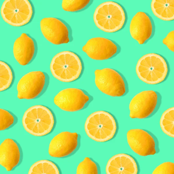 Summer Fruit Pattern Lemons Lemon Slices Teal Green Background — Stock Photo, Image