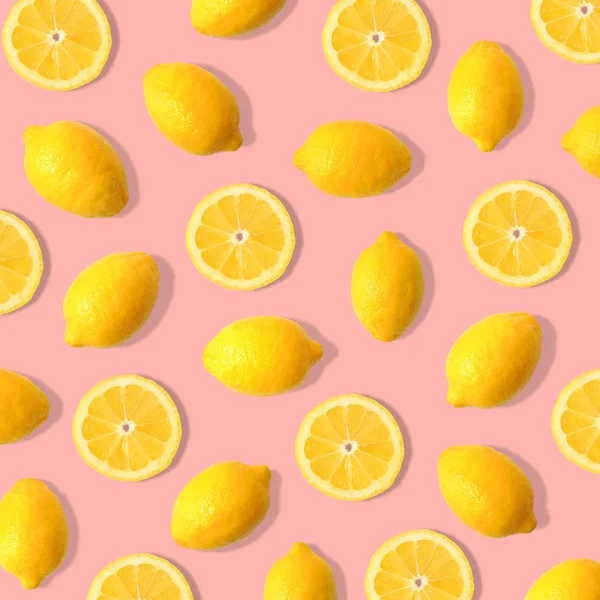 Summer Fruit Pattern Lemons Lemon Slices Pastel Pink Background — Stock Photo, Image