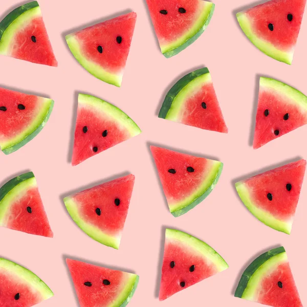 Colorful Summer Fruit Pattern Watermelon Slices Soft Pink Background — Stock Photo, Image