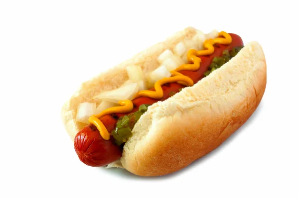 Hot Dog Mustáros Hagyma Élvezettel Oldalnézetből Izolált Fehér Alapon — Stock Fotó