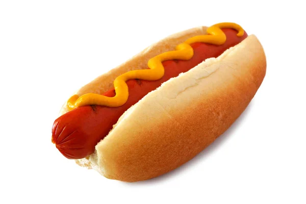 Hot Dog Con Senape Vista Laterale Isolata Sfondo Bianco — Foto Stock