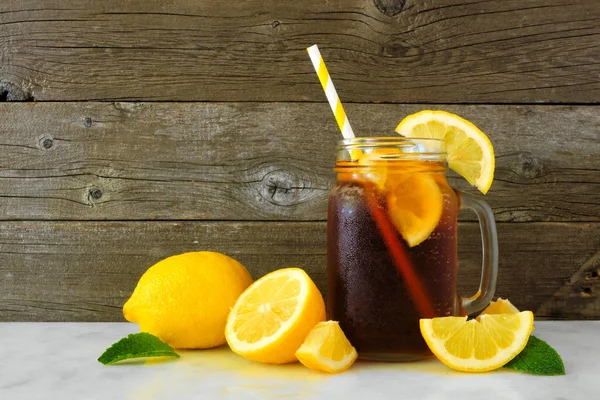Iced Tea Mason Jar Glass Lemons Side View Rustic Dark — Stock Photo, Image