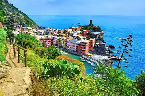 Capri Vista Sulla Costa Con Rocce Fiori Barche Faraglioni Nel — Foto Stock