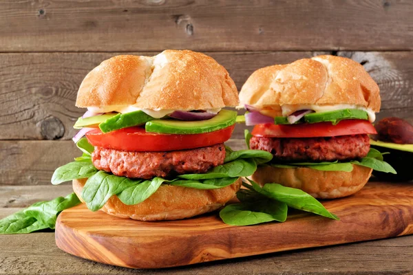 Plant Based Meatless Burgers Avocado Tomato Spinach Serving Board Rustic — Stock Photo, Image
