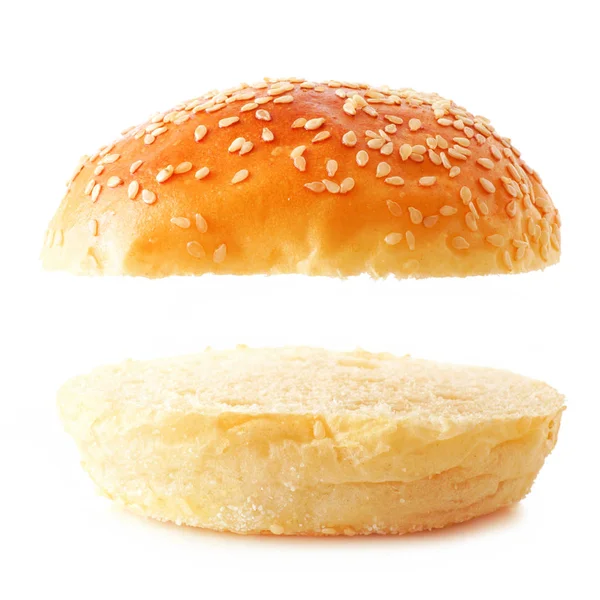 Hamburgerbrötchen Mit Sesamsamen Auf Weißem Hintergrund Oben Und Unten Isoliert — Stockfoto