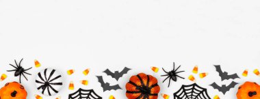 Kabak, şeker ve dekor Halloween alt sınır afiş. Kopyalama alanı ile beyaz bir arka plan üzerinde düz yatıyordu.