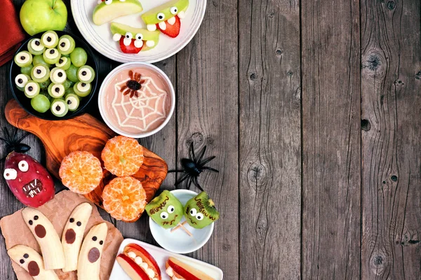 Zdrowe Owoce Halloween Przekąski Asortyment Zabawy Upiorny Smakołyki Boczny Widok — Zdjęcie stockowe