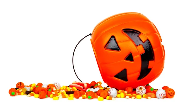 Halloween Jack Lanterna Secchio Con Fuoriuscita Caramelle Vista Laterale Isolata — Foto Stock