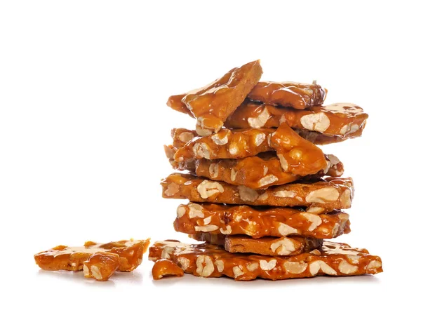 Stack Traditional Peanut Brittle Candy Pieces Isolated White Background — Stock Photo, Image