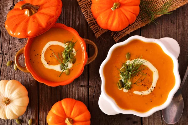 Homemade Pumpkin Soup Two Pumpkin Bowls Autumn Food Concept Top — Stock Photo, Image