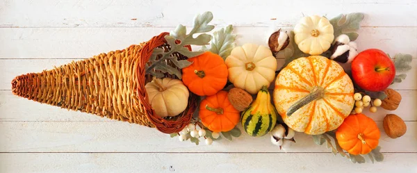 Thanksgiving Cornucopia Filled Autumn Pumpkins Vegetables Top View White Wood — Stock Photo, Image