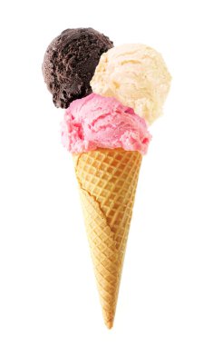 Triple scoop ice cream cone isolated on a white background. Chocolate, vanilla and strawberry flavors in a waffle cone. clipart