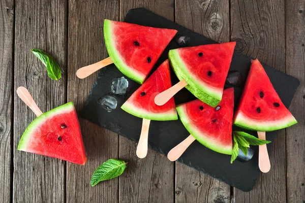 Watermelon Slice Popsicles Slate Serving Board Rustic Wood Background — Stock Photo, Image