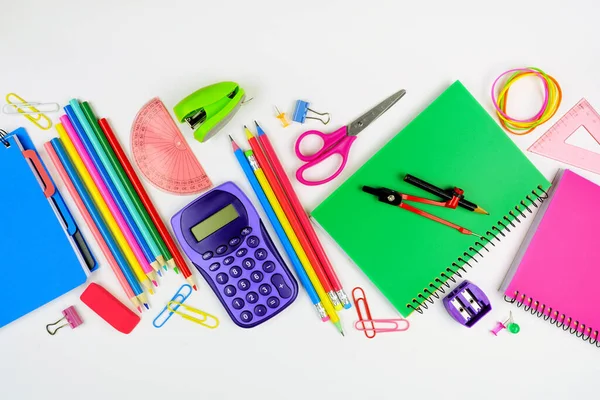 School Supplies Scene Flat Lay White Background Back School Concept — Stock Photo, Image