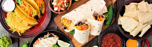 Mexican Food Table Scene Banner Top View Dark Wood Background — Stock Photo, Image