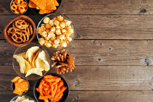 Mixture Salty Snacks Side Border Copy Space View Rustic Wood — Stock Photo, Image