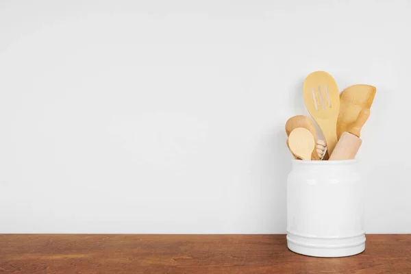 Kitchen Cooking Utensils Wooden Shelf Counter White Wall Background Copy — Stock Photo, Image