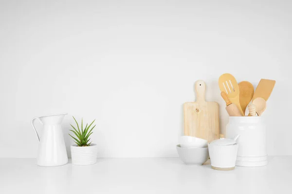 Kitchenware Utensils White Shelf Countertop White Wall Background Copy Space — Stock Photo, Image