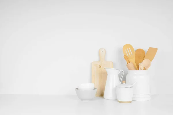 Kitchenware Utensils White Shelf Counter White Wall Background Copy Space — Stock Photo, Image