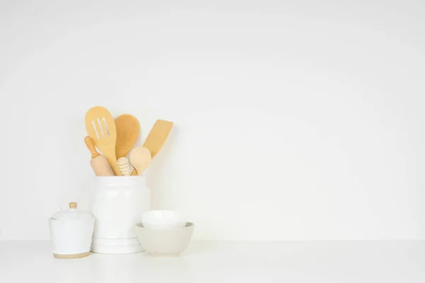 Kitchen Cooking Utensils White Shelf Counter White Wall Background Copy — Stock Photo, Image