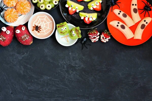 Healthy Halloween Fruit Snacks Assortment Fun Spooky Treats Overhead View — Stock Photo, Image