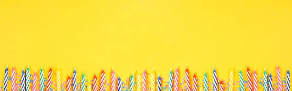 Birthday Cake Candles Candy Sprinkles Top View Banner Bottom Border — Stock Photo, Image