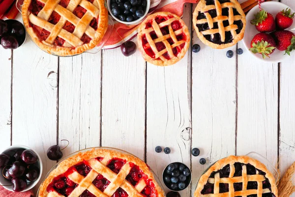 Assortment Homemade Fruit Pies Cherry Strawberry Blueberry Overhead View Double — Stock Photo, Image