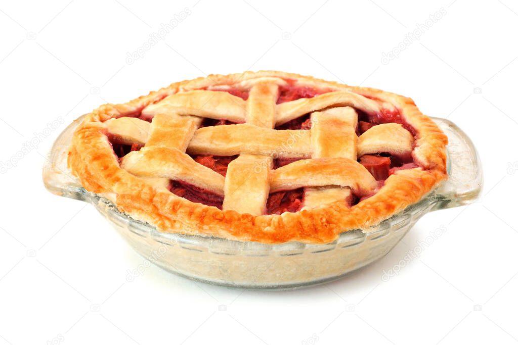 Homemade strawberry rhubarb pie with lattice pastry isolated on a white background. Side view.