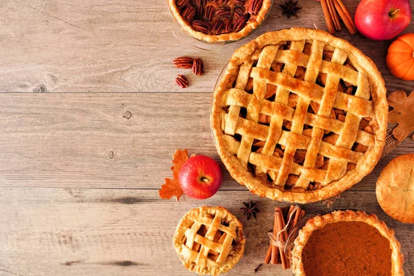Assortment Homemade Autumn Pies Apple Pecan Pumpkin Top View Side — Stock Photo, Image