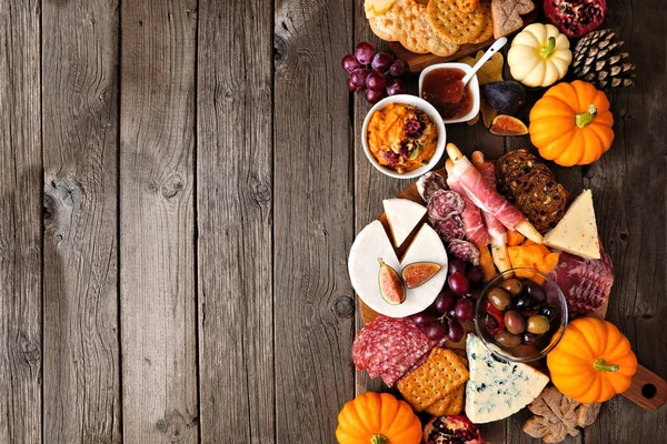 Fall Theme Charcuterie Side Border Dark Wood Background Selection Cheese — Stock Photo, Image