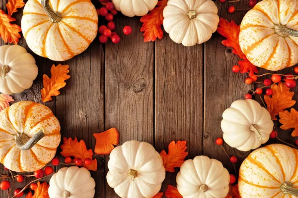 Podzimní Rám Bílých Dýní Oranžových Podzimních Listů Pohled Shora Pozadí — Stock fotografie