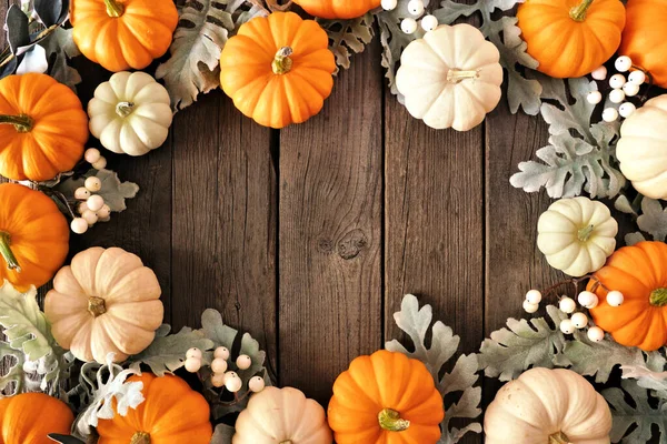 Herbstrahmen Aus Orangen Und Weißen Kürbissen Und Silbernen Herbstblättern Obere — Stockfoto