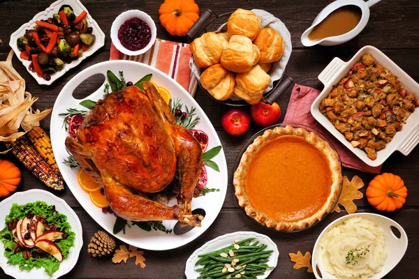 Classic Thanksgiving Turkey Dinner View Table Scene Dark Wood Background — Stock Photo, Image