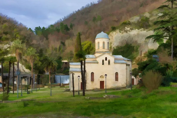 New Athos, Abkhazia-February 24, 2018: An ancient monastery built by Russian monks. Christian relic.