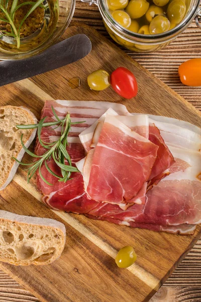 Thinly Sliced German Black Forest Ham Sliced Ciabatta Bread Tomato — Stock Photo, Image