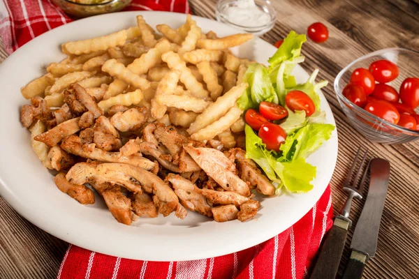 Greek Gyros Fries Salad Plate — Stock Photo, Image