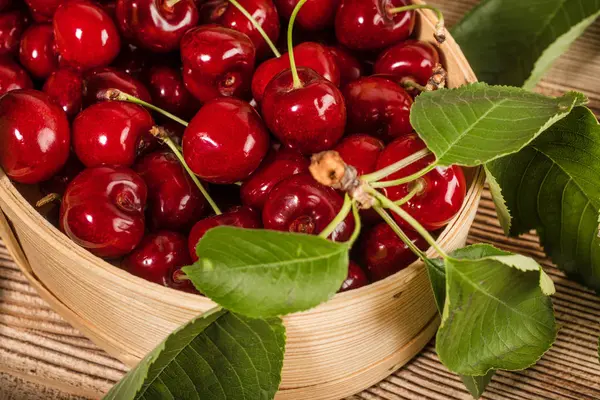 Sweet Cherries Wooden Basket Selective Focus — Stock Photo, Image