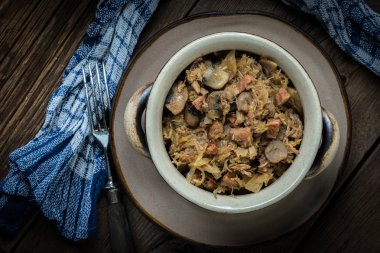 Geleneksel Lehçe lahana turşusu (bigos) Mantar ve et. Sığ derinlik-in tarla.