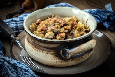 Geleneksel Lehçe lahana turşusu (bigos) Mantar ve et. Sığ derinlik-in tarla.